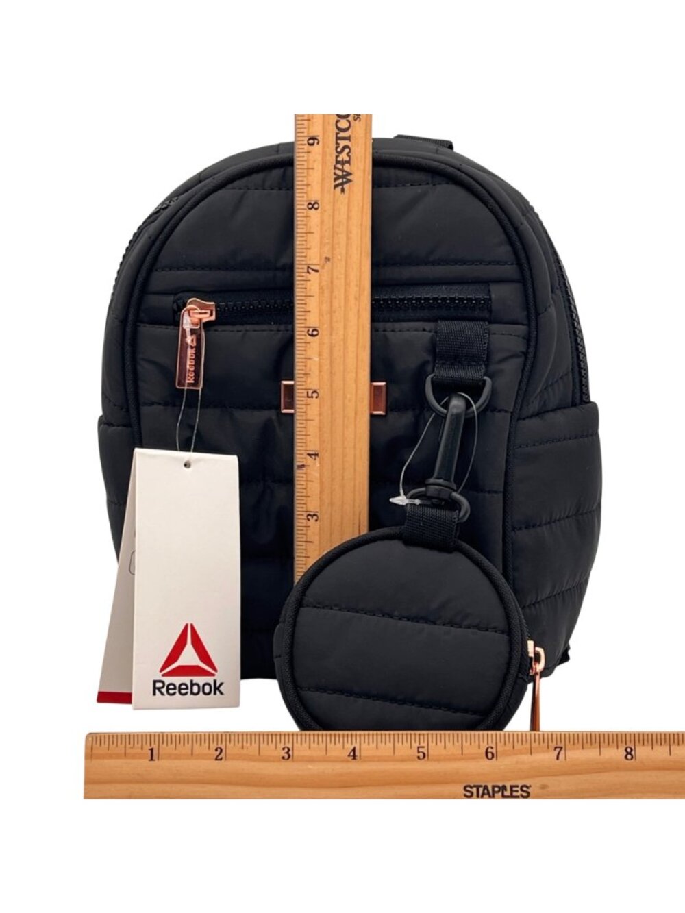 Reebok Luna Mini Backpack Black Quilted With Rose Gold Details & Coin Pouch NEW - Picture 10 of 14